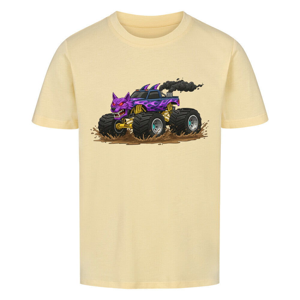 Wolf Monstertruck Bio Kinder T-Shirt mit goldenem Fahrwerk - Premium Baumwolle beige