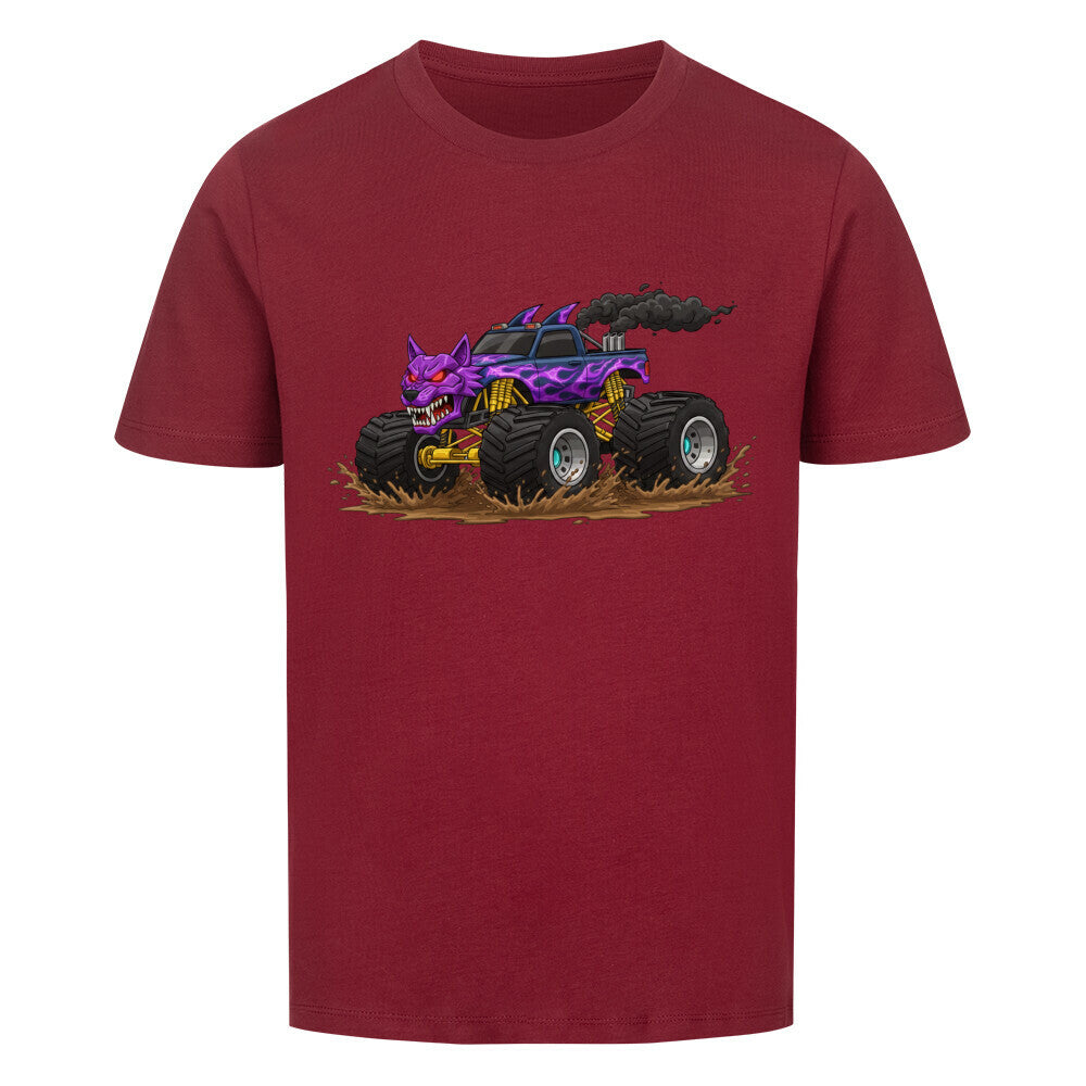Wolf Monstertruck Bio Kinder T-Shirt mit goldenem Fahrwerk - Premium Baumwolle weinrot