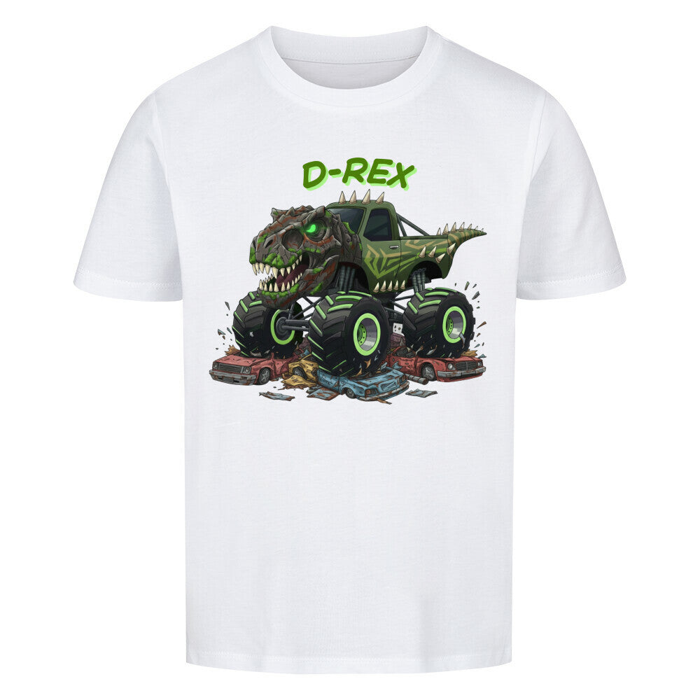 D-Rex dinosaurier monstertruck motiv kinder bio baumwolle shirt, für coole kids jungs weiß