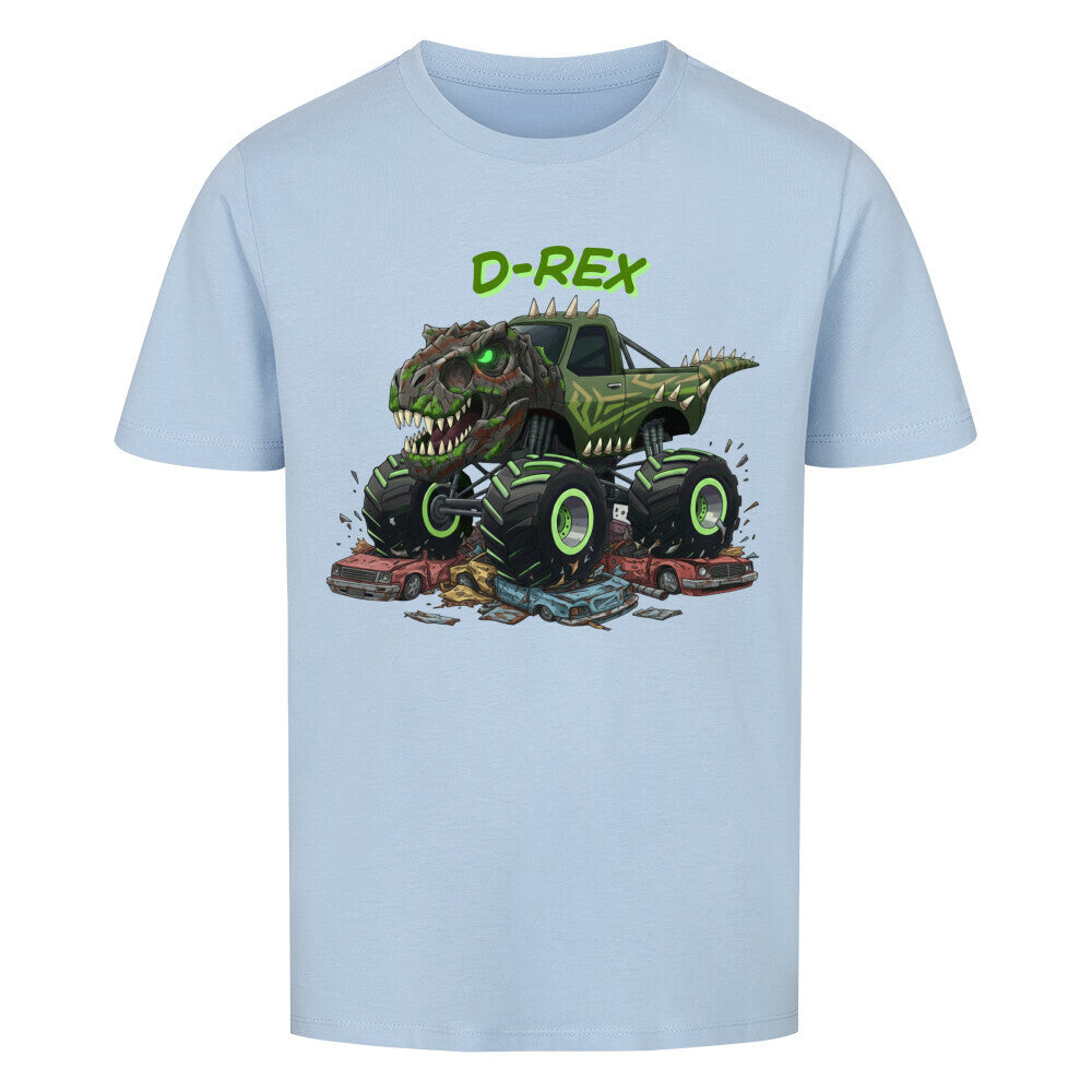 D-Rex dinosaurier monstertruck motiv kinder bio baumwolle shirt, für coole kids jungs hell blau