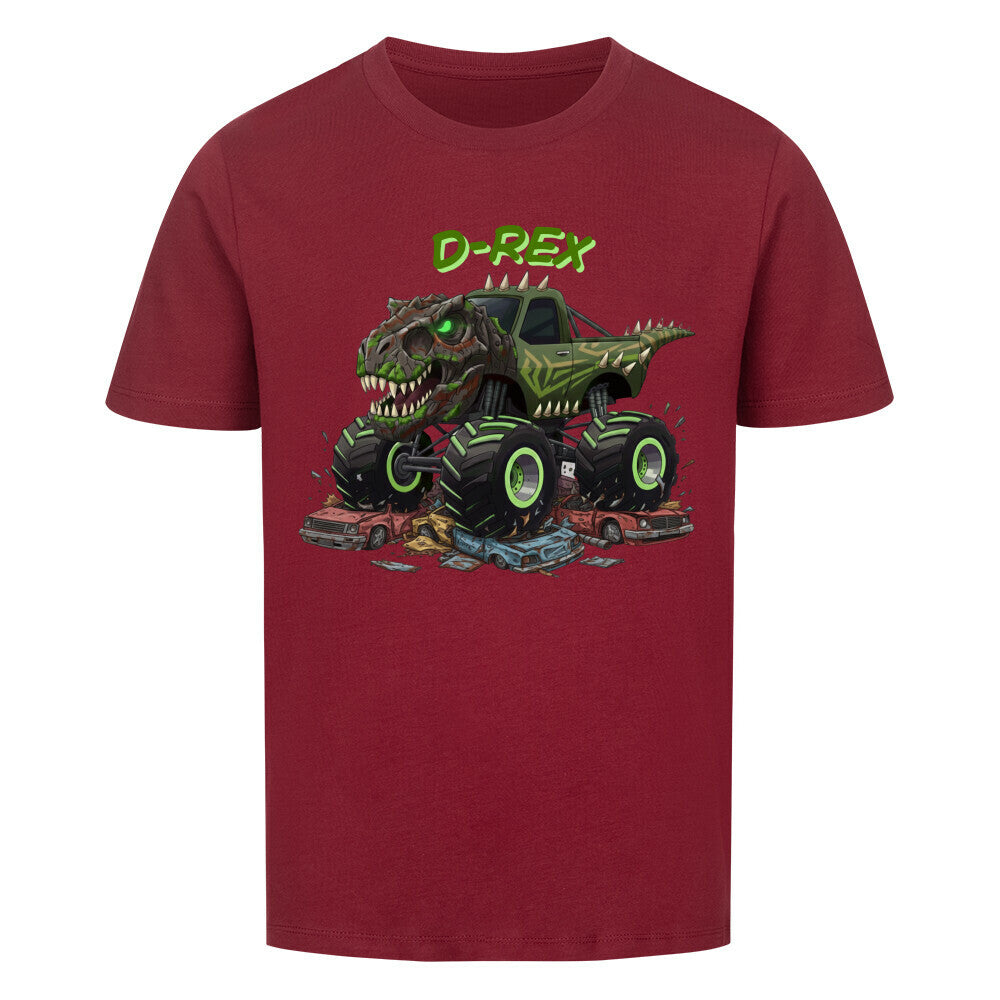 D-Rex dinosaurier monstertruck motiv kinder bio baumwolle shirt, für coole kids jungs dunkel rot