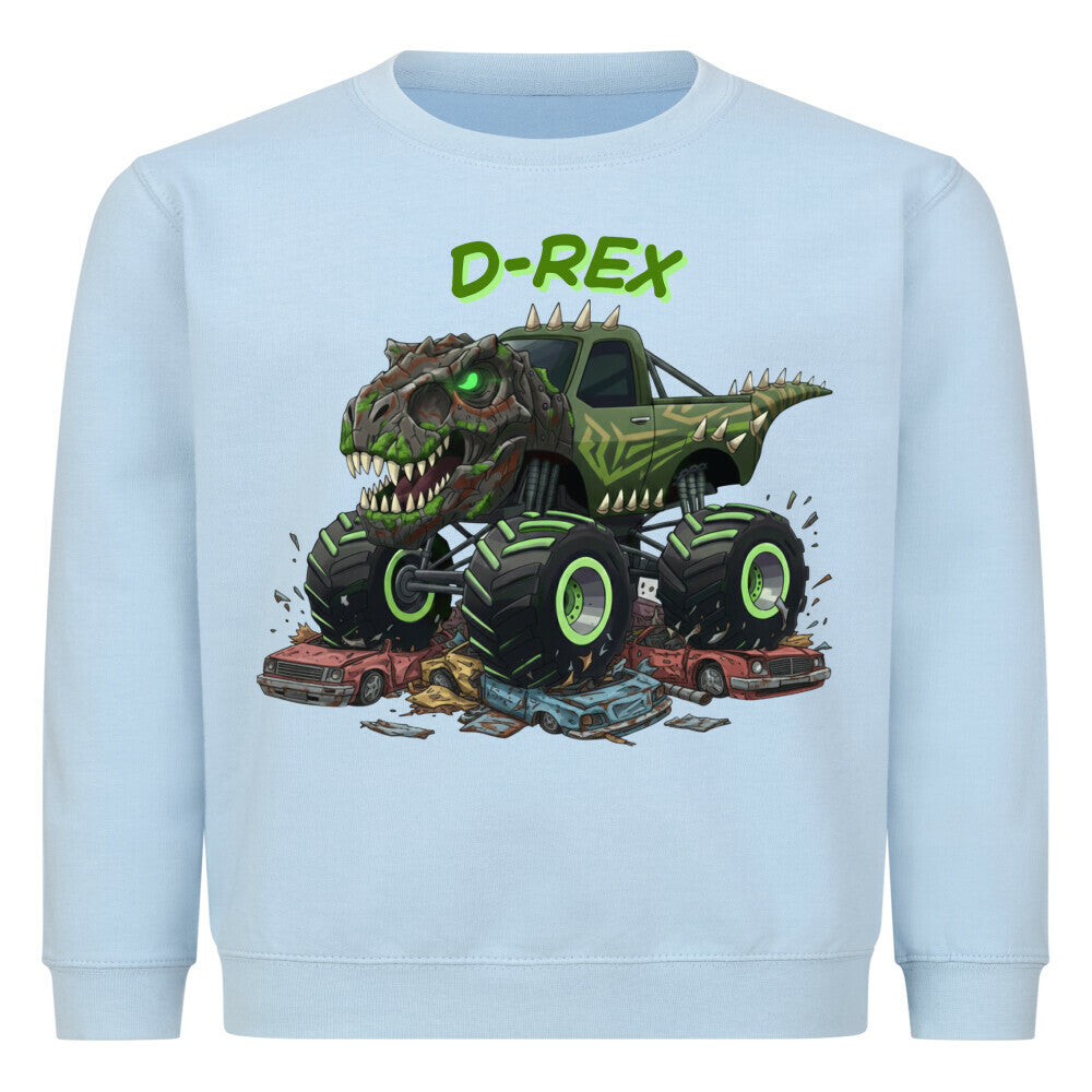 D-REX dinosaurier monstertruck motiv auf einem kinder shirt, mega cooles abenteuer hell blau