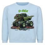 D-REX dinosaurier monstertruck motiv auf einem kinder shirt, mega cooles abenteuer hell blau