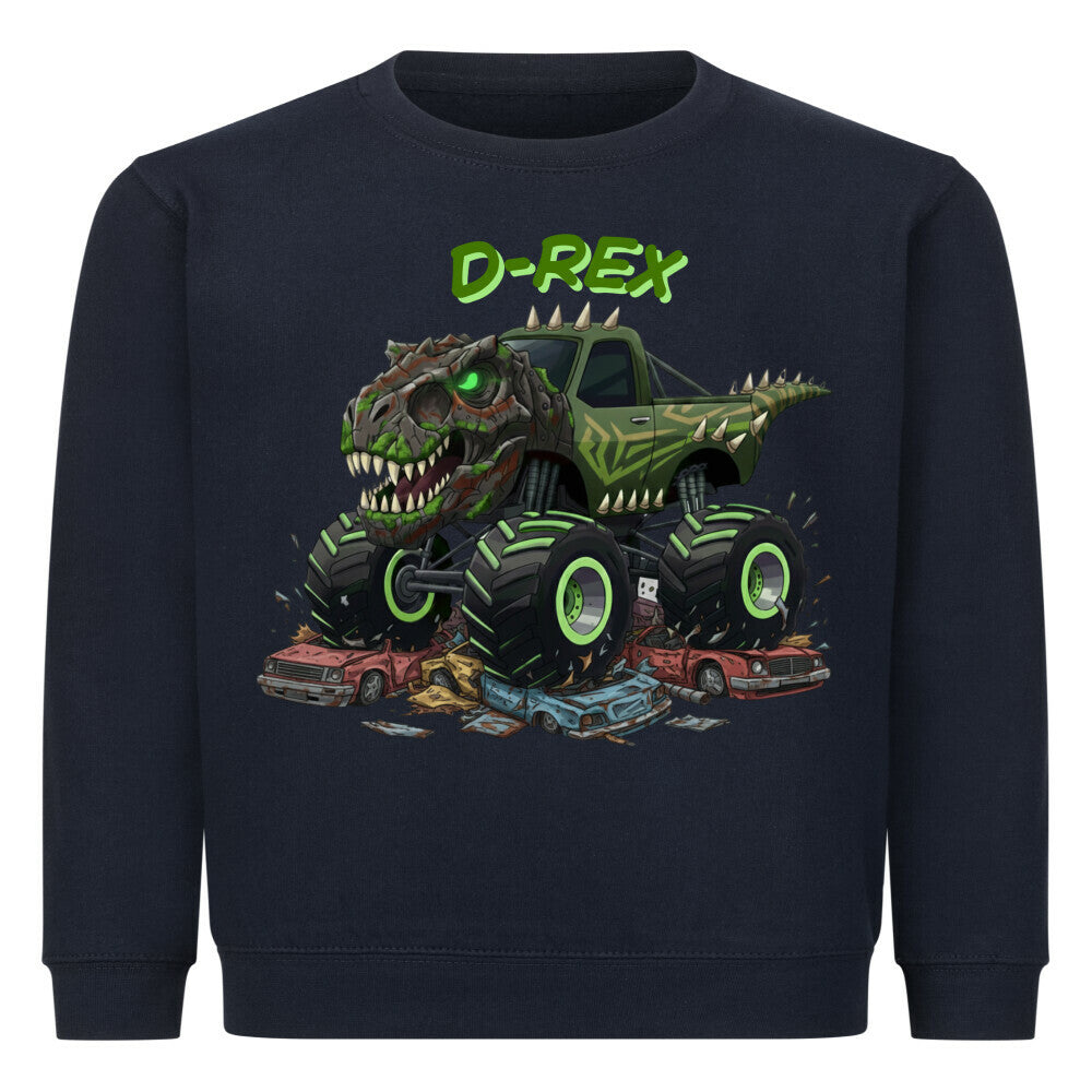 D-REX dinosaurier monstertruck motiv auf einem kinder shirt, mega cooles abenteuer dunkel blau