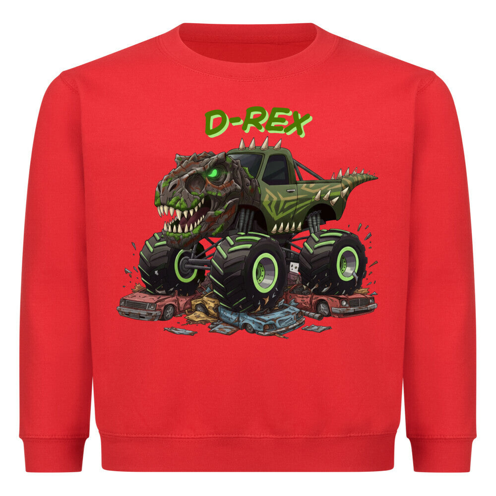 D-REX dinosaurier monstertruck motiv auf einem kinder shirt, mega cooles abenteuer rot