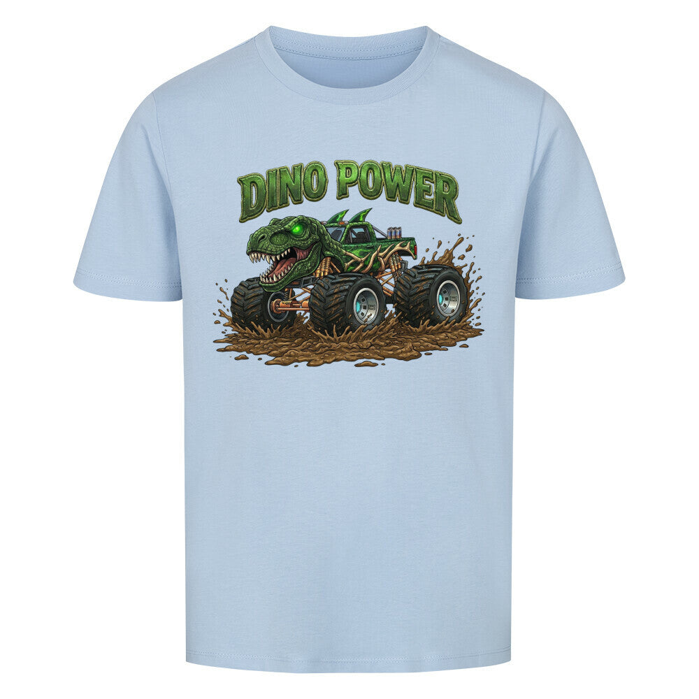 dinosaurier t-rex monstertruck dino power motiv auf kinder jungen shirt bio baumwolle hell blau