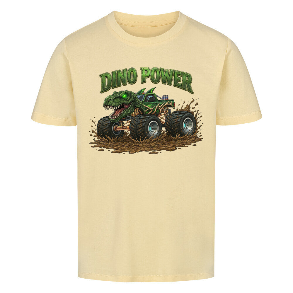 dinosaurier t-rex monstertruck dino power motiv auf kinder jungen shirt bio baumwolle beige