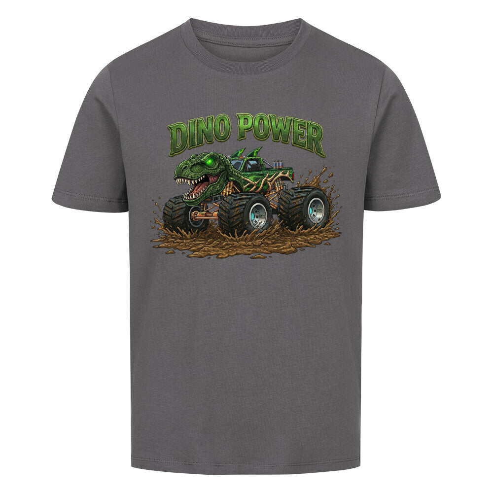 dinosaurier t-rex monstertruck dino power motiv auf kinder jungen shirt bio baumwolle grau
