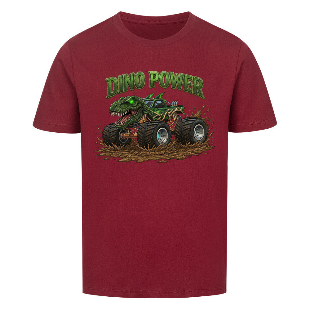 dinosaurier t-rex monstertruck dino power motiv auf kinder jungen shirt bio baumwolle dunkel rot