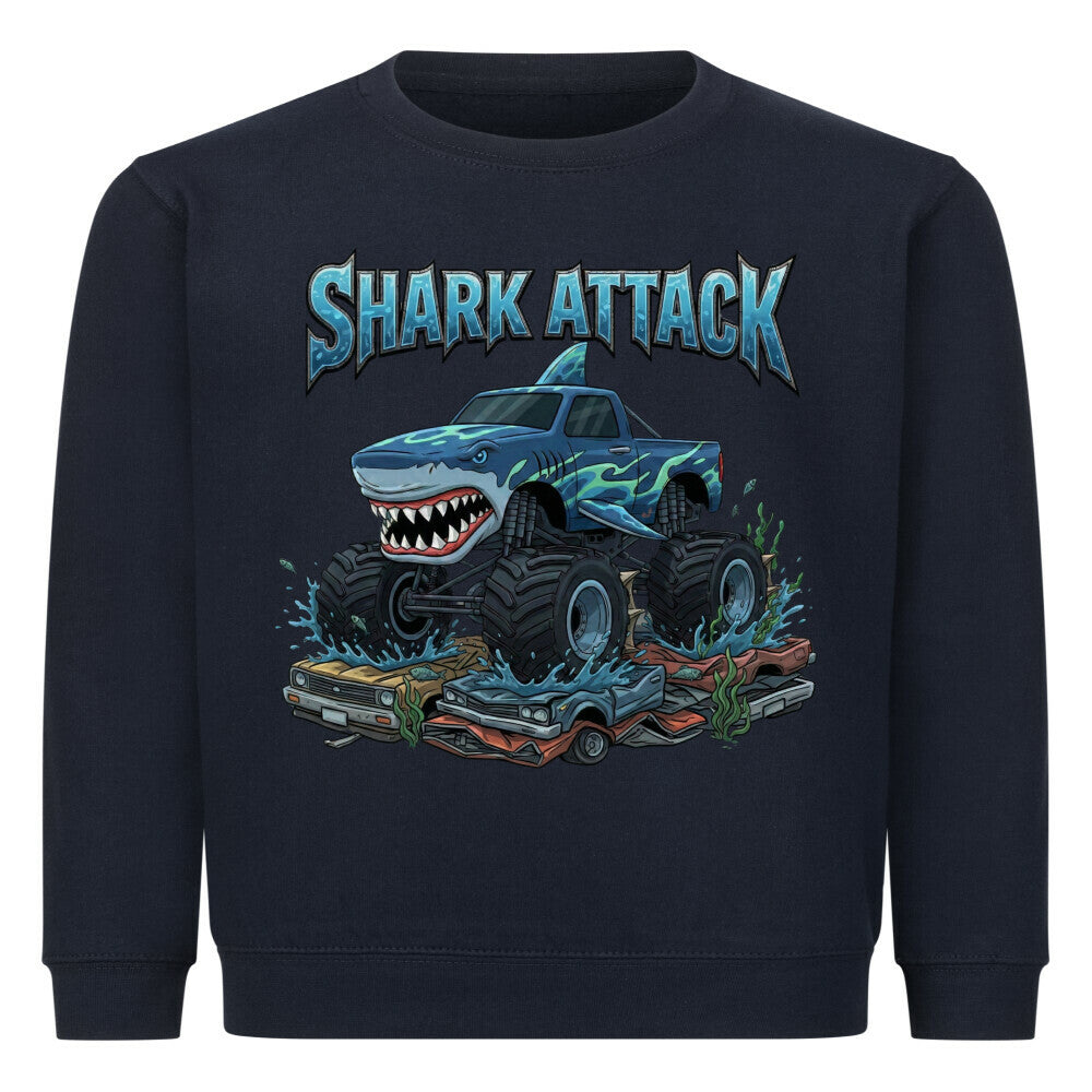 Shark Hai Monstertruck motiv mit cooler schrift Shark Attack kinder baumwolle pullover sweatshirt dunkel blau navy