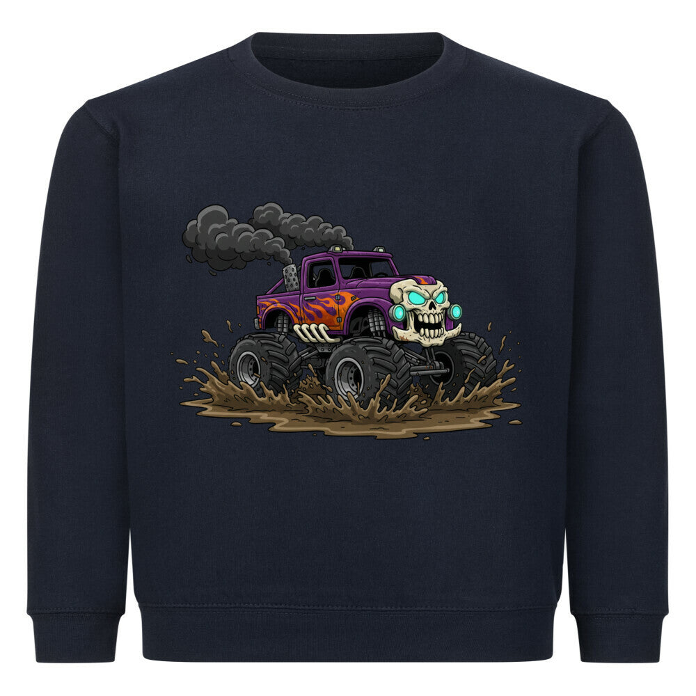 Cooler skelett monstertruck motiv auf kinder pullover sweatshirt baumwolle kids dunkel blau