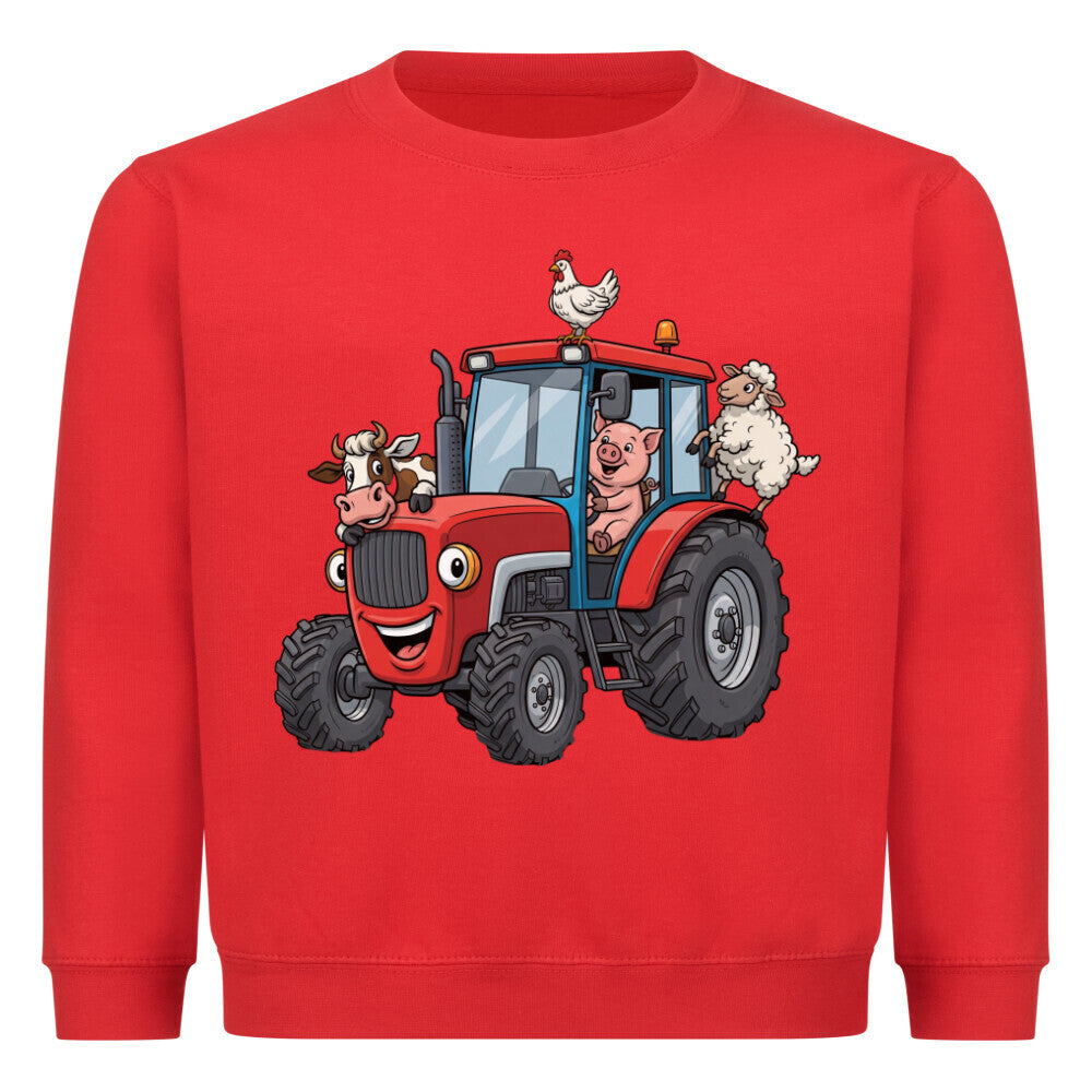 Kinder Sweatshirt mit Traktor und Bauernhof-Tiere Motiv, Bio-Baumwolle rot