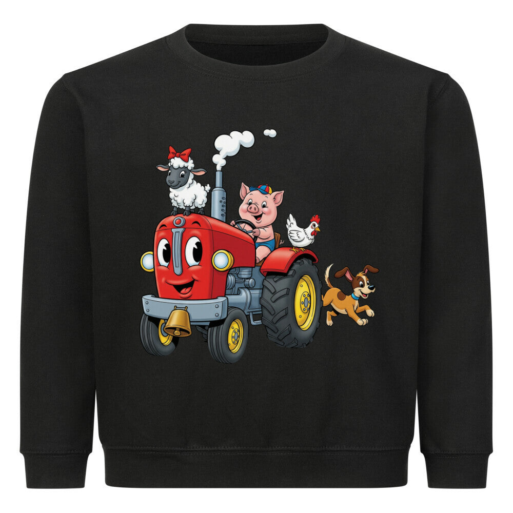 schöner traktor mit bauernof tiere motiv auf kinder pullover sweatshirt, baumwolle schwarz