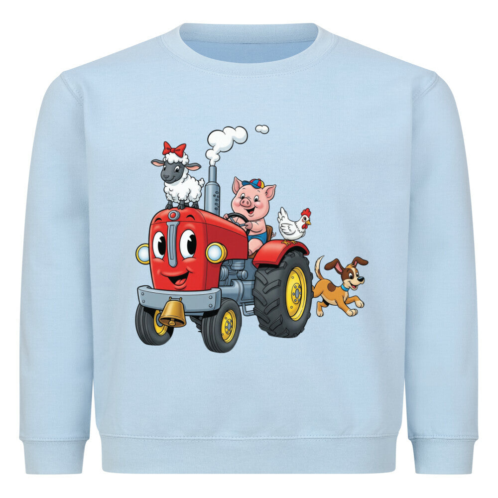 schöner traktor mit bauernof tiere motiv auf kinder pullover sweatshirt, baumwolle babyblau