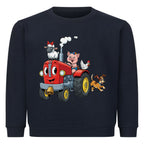 schöner traktor mit bauernof tiere motiv auf kinder pullover sweatshirt, baumwolle dunkel blau