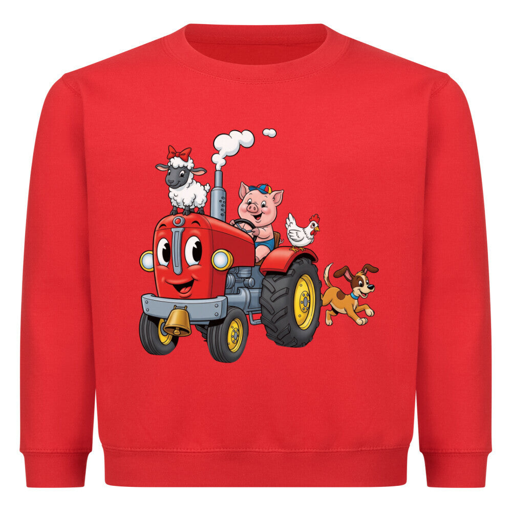 schöner traktor mit bauernof tiere motiv auf kinder pullover sweatshirt, baumwolle rot