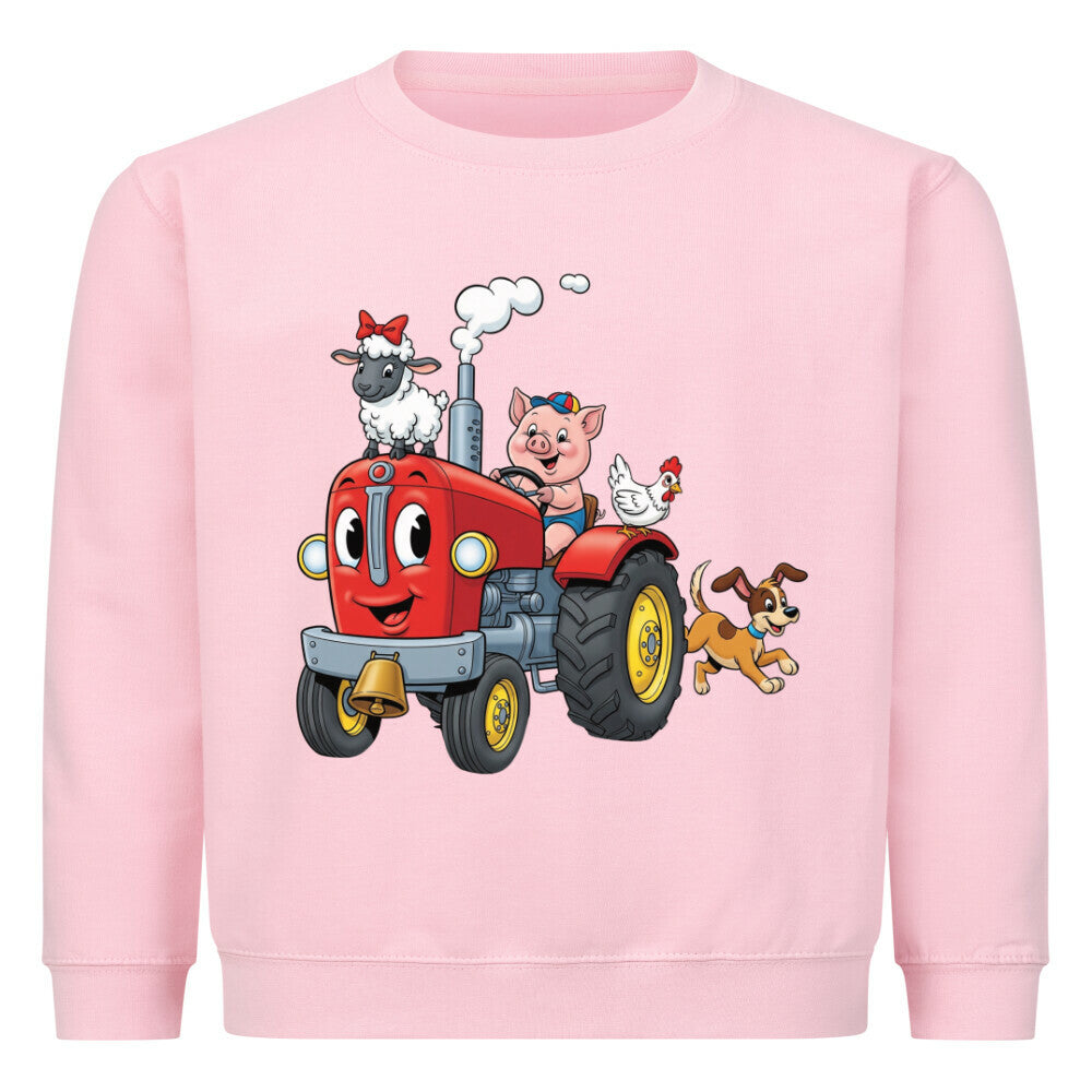 schöner traktor mit bauernof tiere motiv auf kinder pullover sweatshirt, baumwolle pink rosa