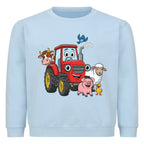 fröhliche bauernhof tiere mit traktor motiv auf kinder pullover, baumwolle hell blau