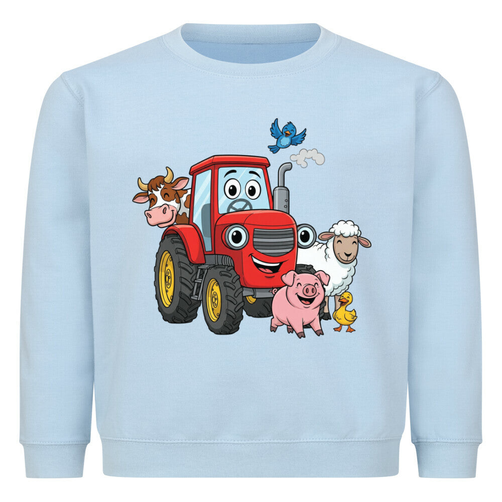 fröhliche bauernhof tiere mit traktor motiv auf kinder pullover, baumwolle hell blau