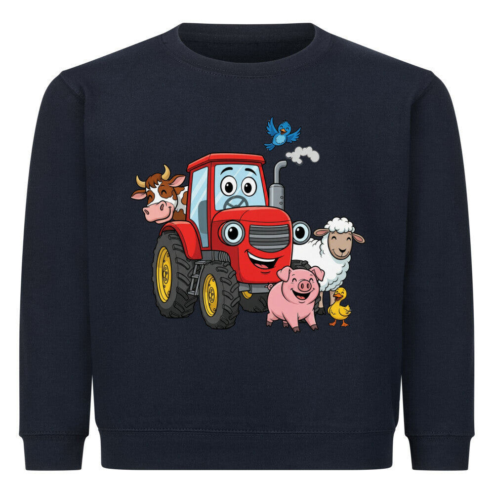 fröhliche bauernhof tiere mit traktor motiv auf kinder pullover, baumwolle dunkel blau