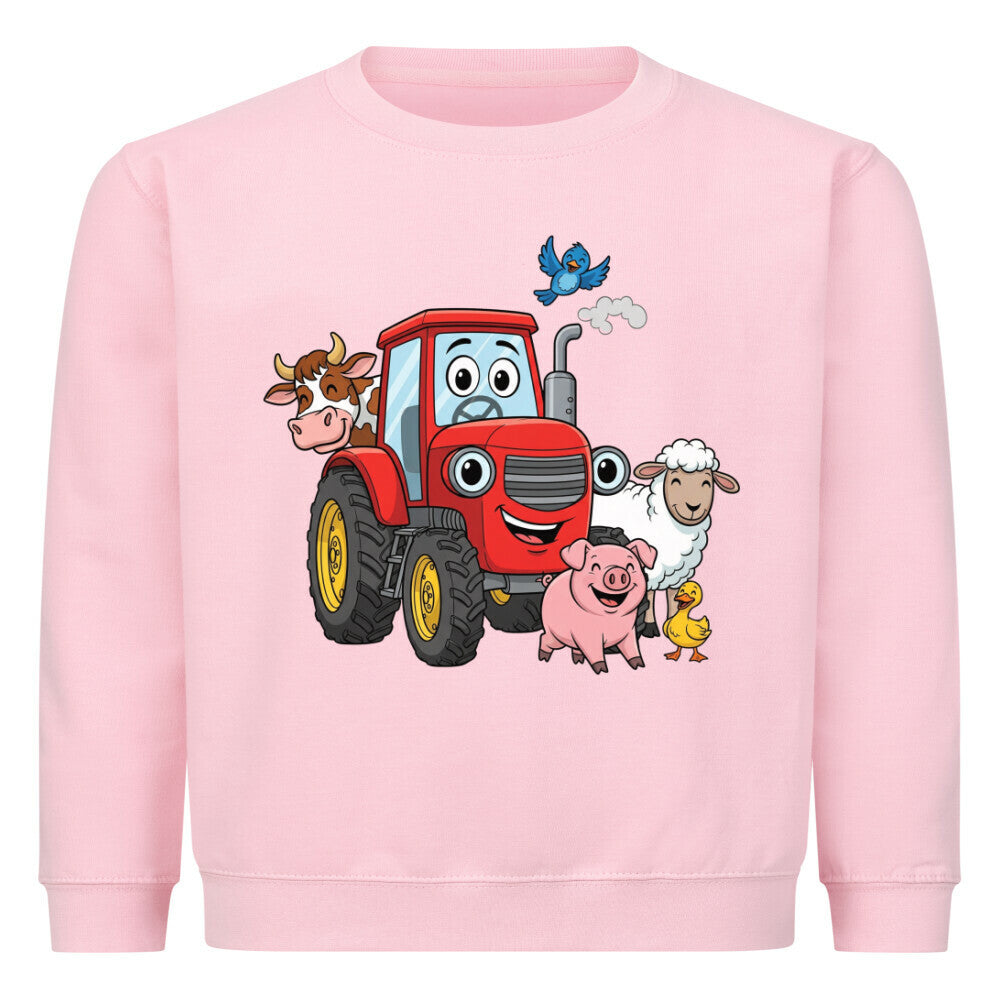fröhliche bauernhof tiere mit traktor motiv auf kinder pullover, baumwolle pink rosa
