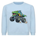 cooler t-rex dino monstertruck motiv auf kinder pullover sweatshirt angenehme baumwolle babyblau