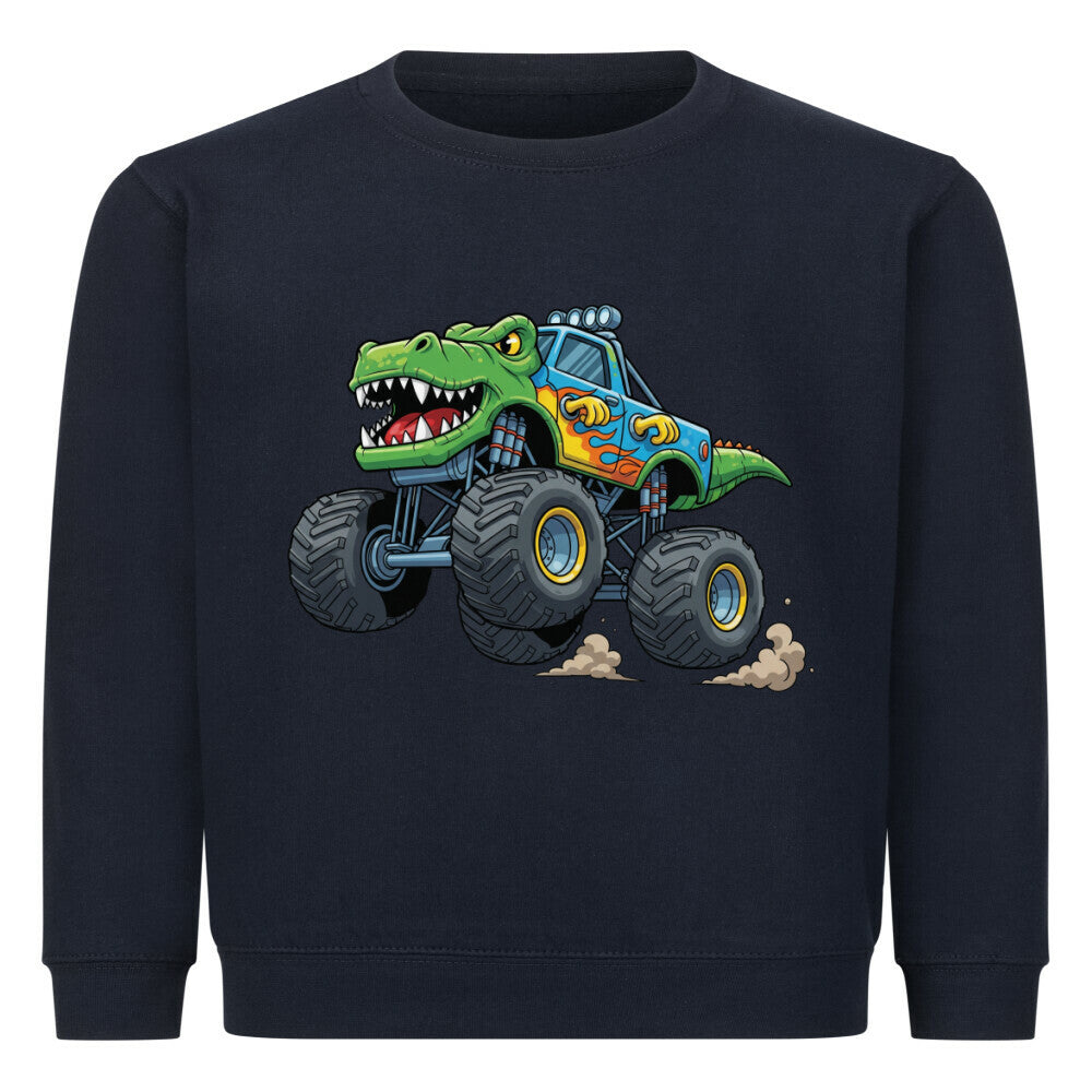 cooler t-rex dino monstertruck motiv auf kinder pullover sweatshirt angenehme baumwolle dunkel blau