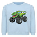 t-rex dinosaurier monstertruck motiv auf kinder pullover sweatshirt angenehme baumwolle babyblau
