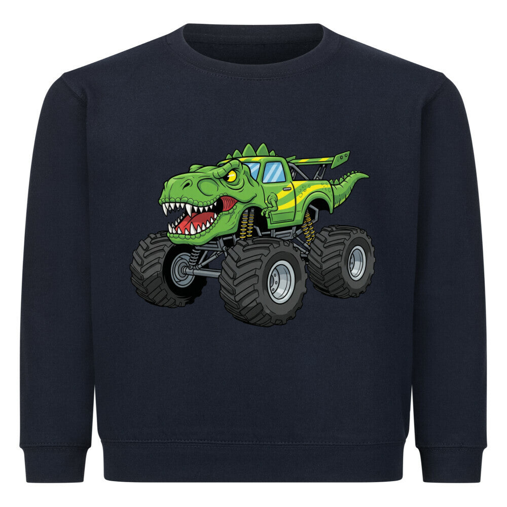 t-rex dinosaurier monstertruck motiv auf kinder pullover sweatshirt angenehme baumwolle dunkel blau