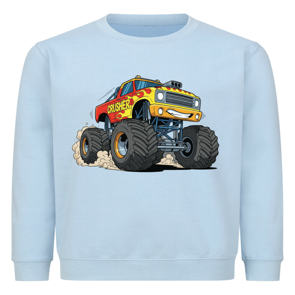Cooler Monstertruck motiv auf kinder pullover sweatshirt aus baumwolle angenehmes tragen für spielplatz oder schule babyblau