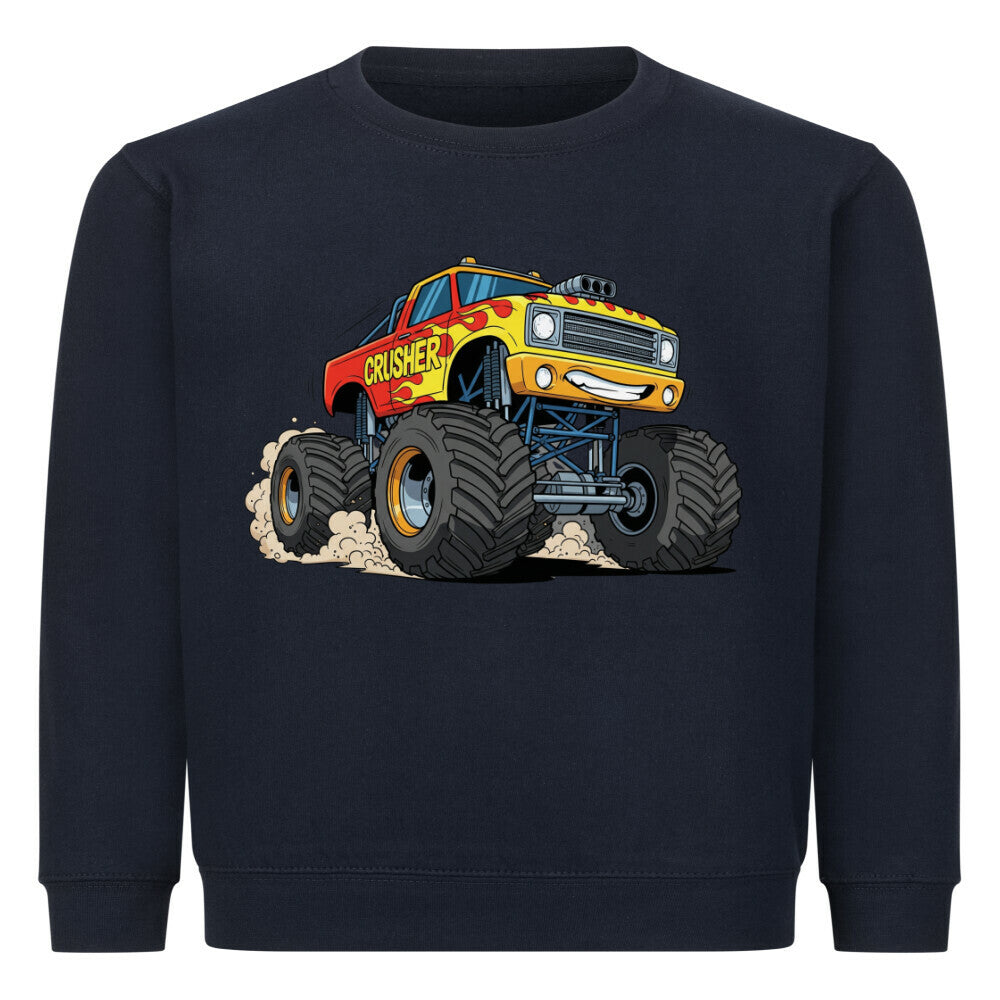 Cooler Monstertruck motiv auf kinder pullover sweatshirt aus baumwolle angenehmes tragen für spielplatz oder schule dunkel blau