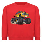 Cooler Monstertruck motiv auf kinder pullover sweatshirt aus baumwolle angenehmes tragen für spielplatz oder schule rot