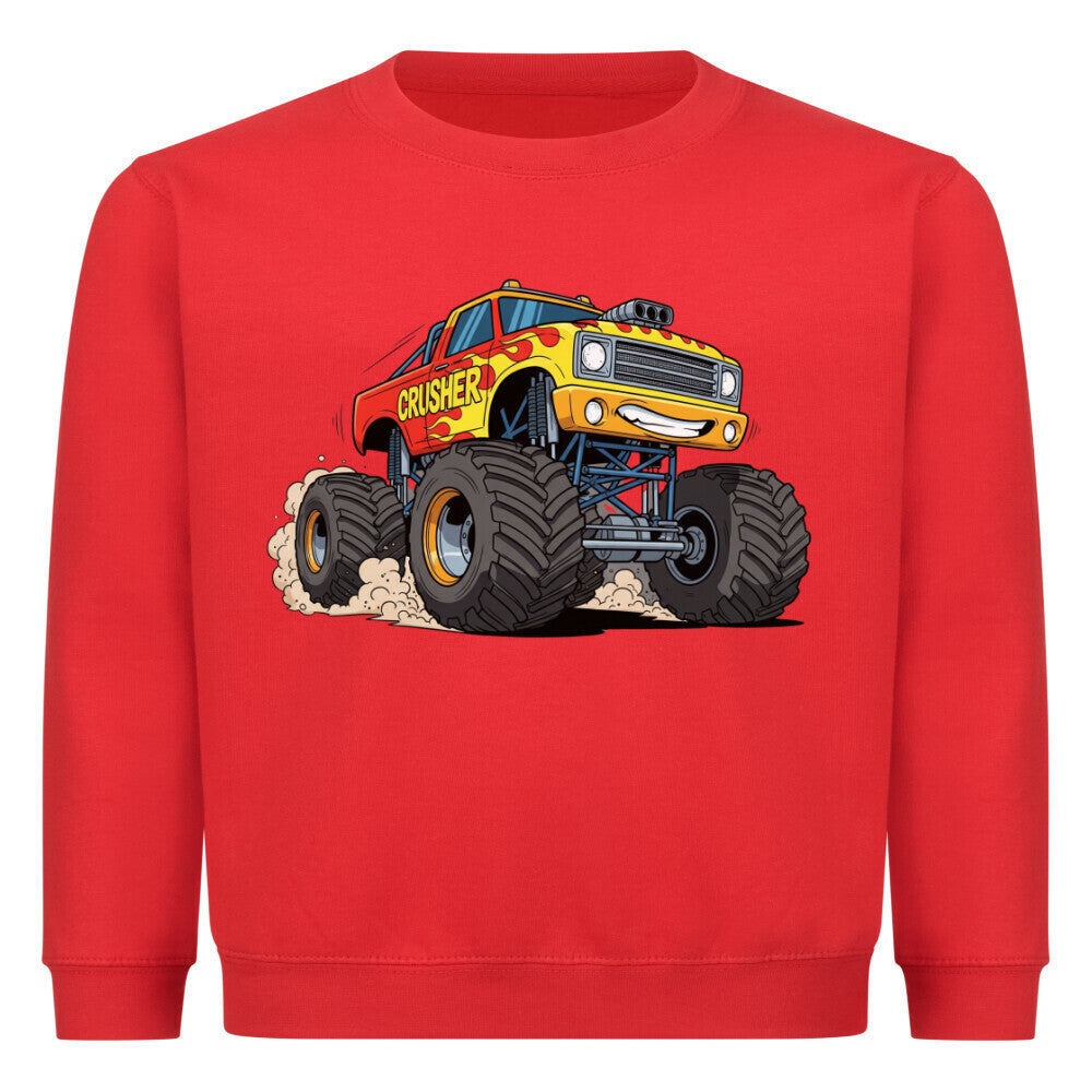 Cooler Monstertruck motiv auf kinder pullover sweatshirt aus baumwolle angenehmes tragen für spielplatz oder schule rot