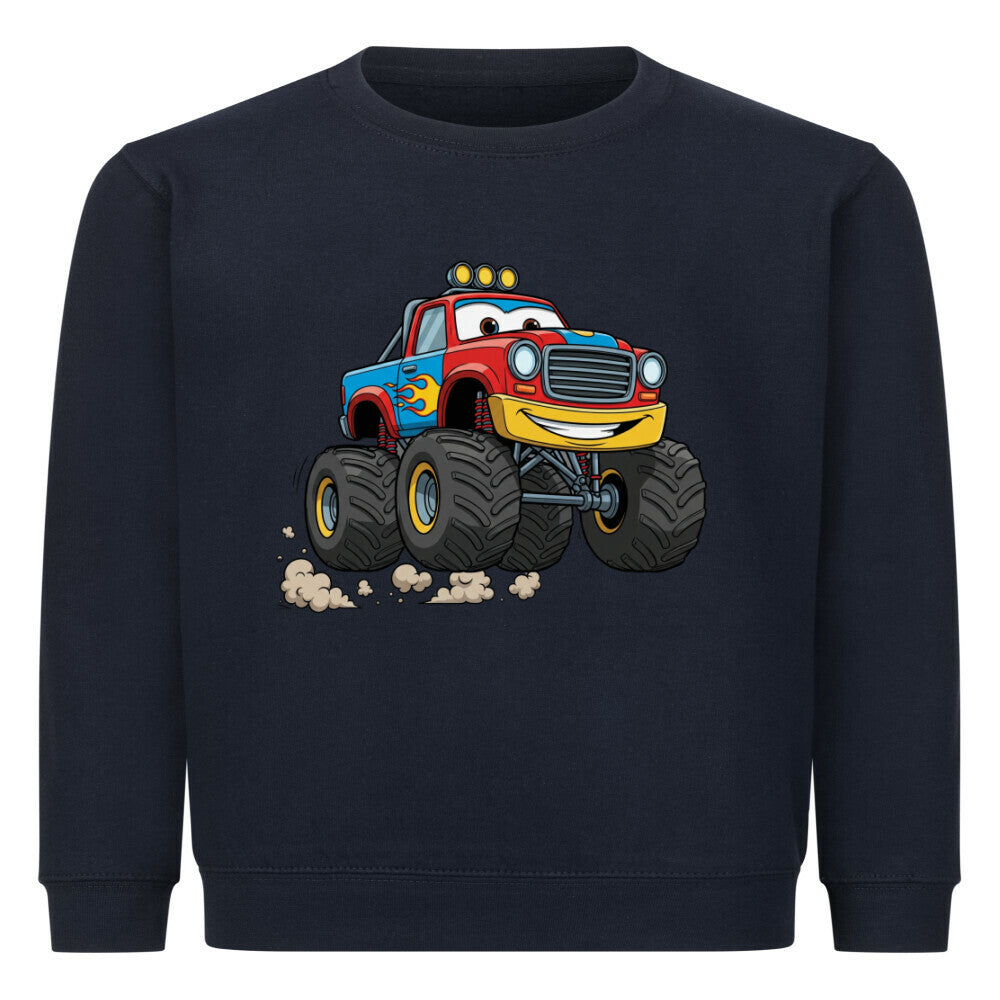cooler monstertruck motiv auf kinder pullover sweatshirt angenehme baumwolle dunkel blau
