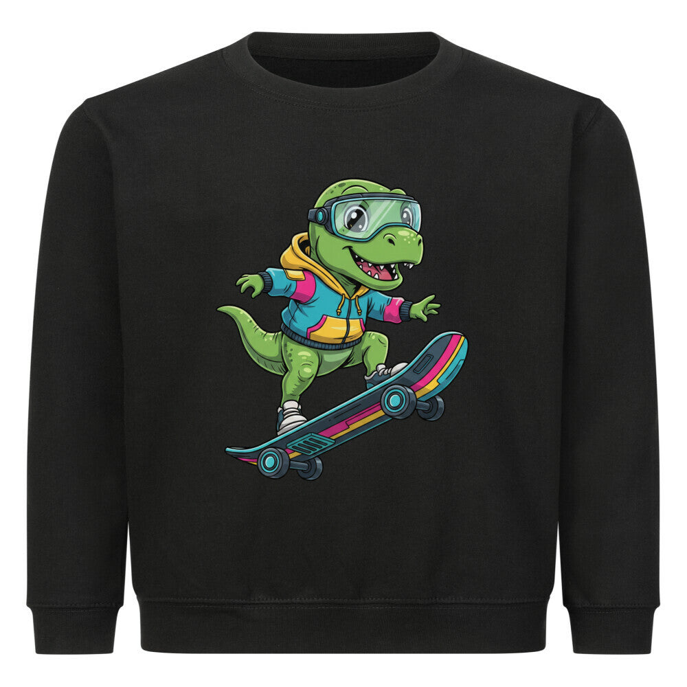 cooler dino auf skateboard motiv kinder pullover aus buamwolle, angenehmes tragen schwarz
