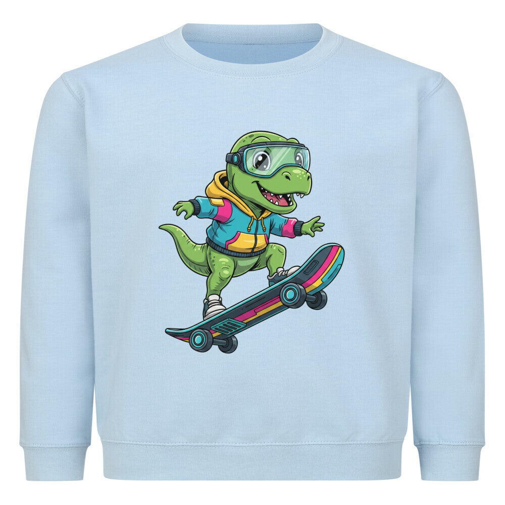 cooler dino auf skateboard motiv kinder pullover aus buamwolle, angenehmes tragen babyblau