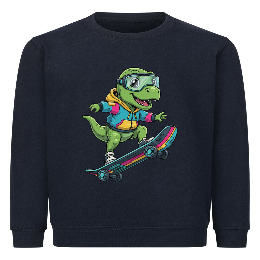 cooler dino auf skateboard motiv kinder pullover aus buamwolle, angenehmes tragen dunkel blau