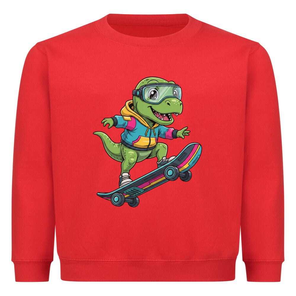 cooler dino auf skateboard motiv kinder pullover aus buamwolle, angenehmes tragen rot