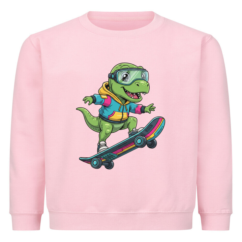 cooler dino auf skateboard motiv kinder pullover aus buamwolle, angenehmes tragen pink rosa