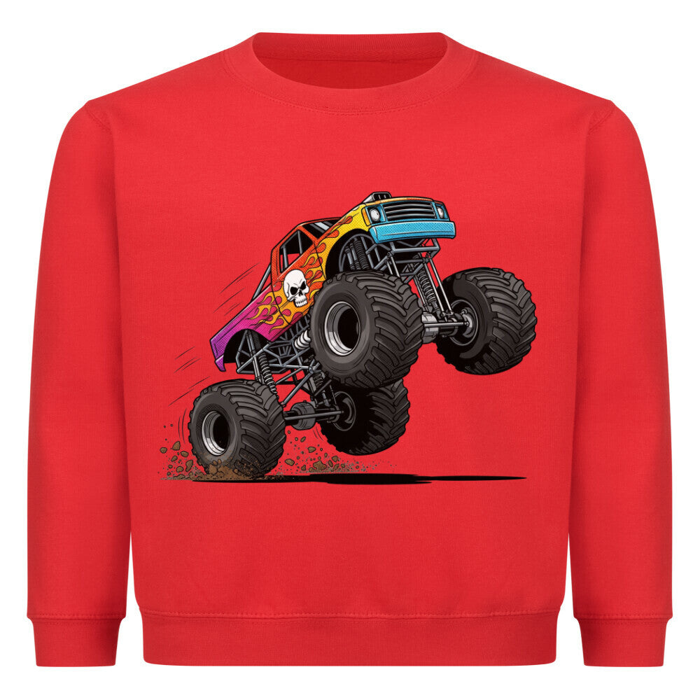 Kinder Pullover mit buntem Monstertruck-Motiv - Baumwolle OEKO-TEX zertifiziert rot