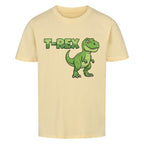 T-Rex dinosaurier motiv auf kinder t-shirt jungs, bio-baumwolle, shirt farbe ist beige
