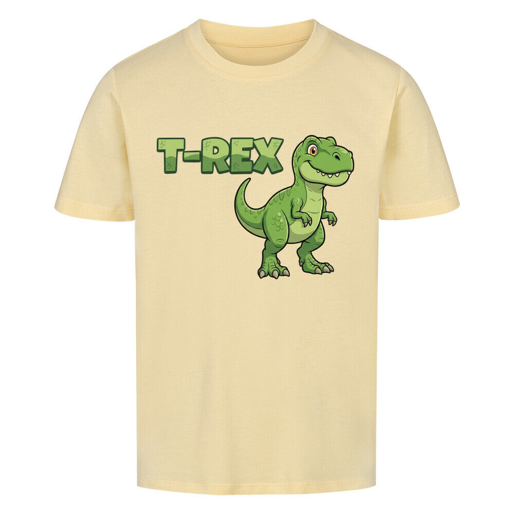 T-Rex dinosaurier motiv auf kinder t-shirt jungs, bio-baumwolle, shirt farbe ist beige
