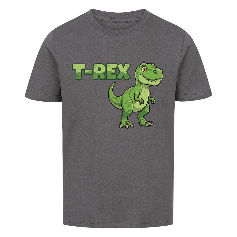 T-Rex dinosaurier motiv auf kinder t-shirt jungs, bio-baumwolle, shirt farbe ist grau