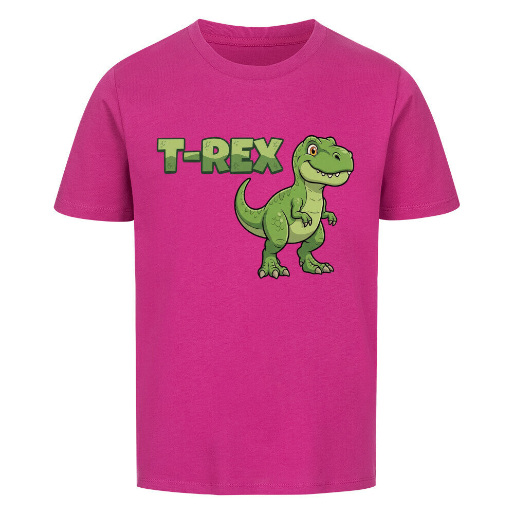 T-Rex dinosaurier motiv auf kinder t-shirt jungs, bio-baumwolle, shirt farbe ist lila pink