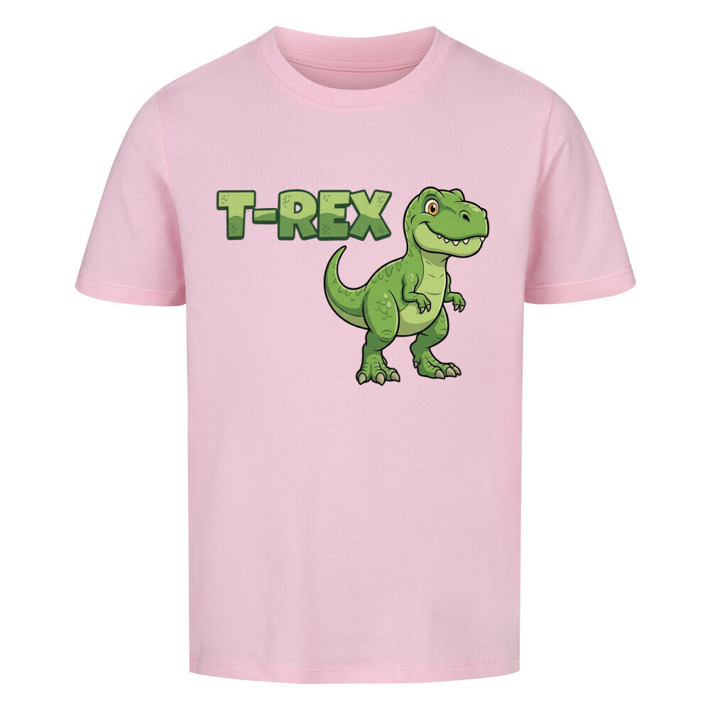 T-Rex dinosaurier motiv auf kinder t-shirt jungs, bio-baumwolle, shirt farbe ist pink rosa