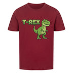 T-Rex dinosaurier motiv auf kinder t-shirt jungs, bio-baumwolle, shirt farbe ist dunkel rot