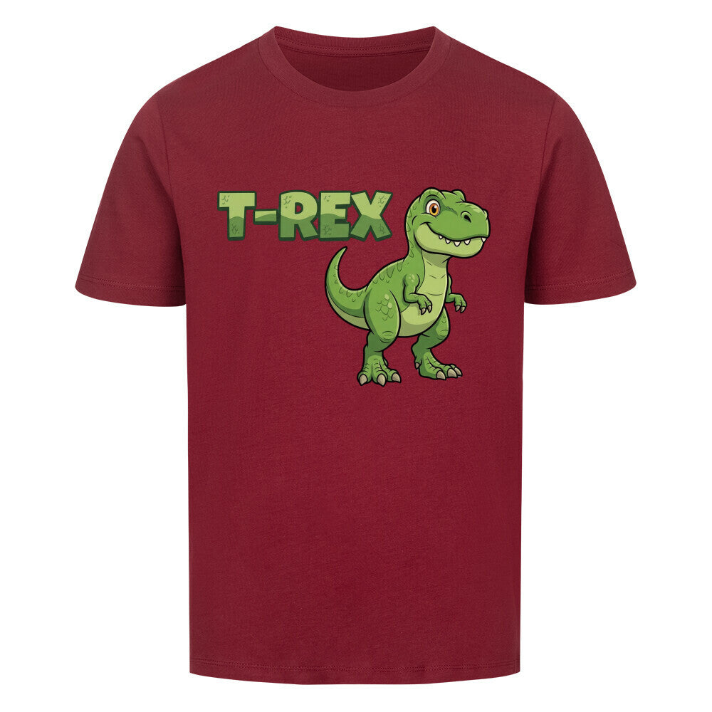 T-Rex dinosaurier motiv auf kinder t-shirt jungs, bio-baumwolle, shirt farbe ist dunkel rot