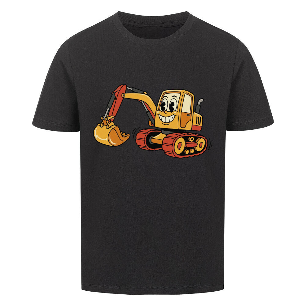 Bagger im cartoon stil motiv auf kinder t-shirt aus bio baumwolle schwarzes shirt