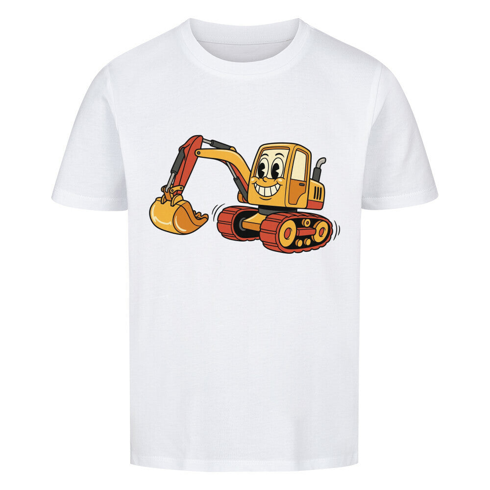 Bagger im cartoon stil motiv auf kinder t-shirt aus bio baumwolle weißes shirt