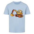 Bagger im cartoon stil motiv auf kinder t-shirt aus bio baumwolle blaues Shirt